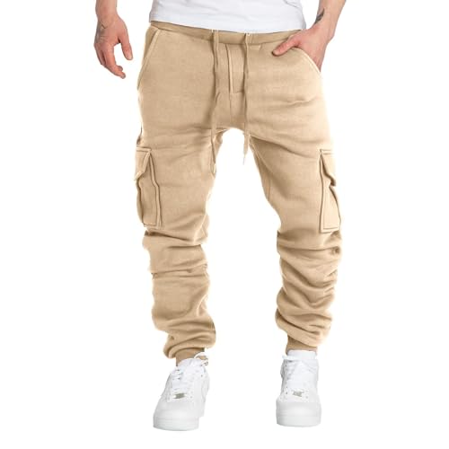 SPSMOKH Herren Cargo Jogginghose - Kordelzug Elastische Taille Trainingshose mit Taschen Baumwolle Casual Straight-Leg Hose für Gym Jogging Freizeit Alltag (A1 Khaki, M) von SPSMOKH