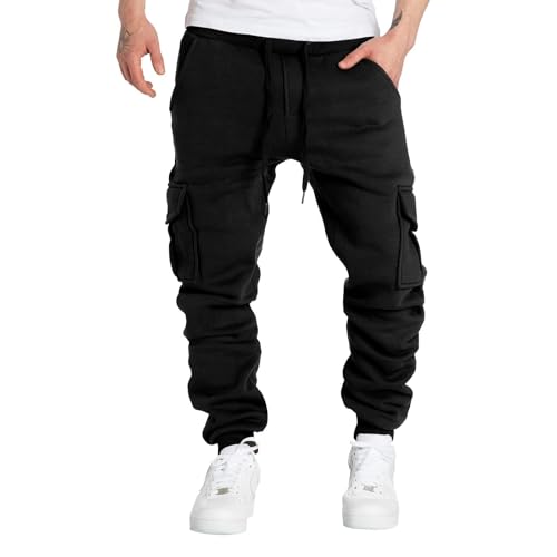 SPSMOKH Herren Cargo Jogginghose - Kordelzug Elastische Taille Trainingshose mit Taschen Baumwolle Casual Straight-Leg Hose für Gym Jogging Freizeit Alltag (A1 Schwarz, S) von SPSMOKH