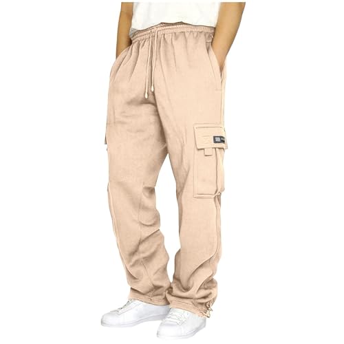 SPSMOKH Herren Cargo Jogginghose - Kordelzug Elastische Taille Trainingshose mit Taschen Baumwolle Casual Straight-Leg Hose für Gym Jogging Freizeit Alltag (Beige, 5XL) von SPSMOKH