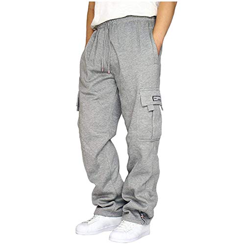 SPSMOKH Herren Cargo Jogginghose - Kordelzug Elastische Taille Trainingshose mit Taschen Baumwolle Casual Straight-Leg Hose für Gym Jogging Freizeit Alltag (Grau, L) von SPSMOKH