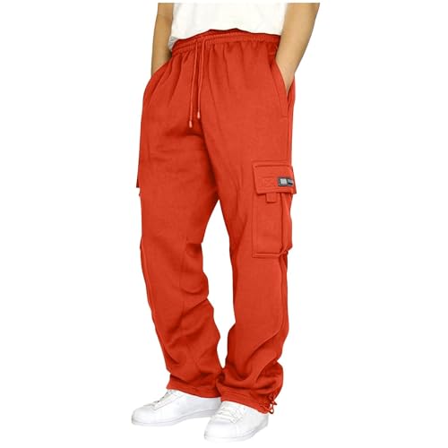 SPSMOKH Herren Cargo Jogginghose - Kordelzug Elastische Taille Trainingshose mit Taschen Baumwolle Casual Straight-Leg Hose für Gym Jogging Freizeit Alltag (Orange, XXL) von SPSMOKH