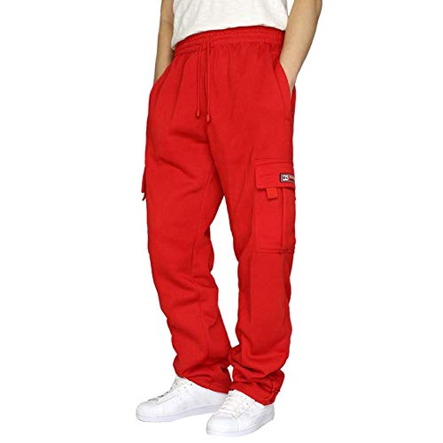 SPSMOKH Herren Cargo Jogginghose - Kordelzug Elastische Taille Trainingshose mit Taschen Baumwolle Casual Straight-Leg Hose für Gym Jogging Freizeit Alltag (Rot, XL) von SPSMOKH