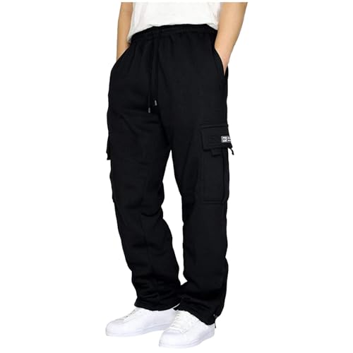SPSMOKH Herren Cargo Jogginghose - Kordelzug Elastische Taille Trainingshose mit Taschen Baumwolle Casual Straight-Leg Hose für Gym Jogging Freizeit Alltag (Schwarz, XXL) von SPSMOKH
