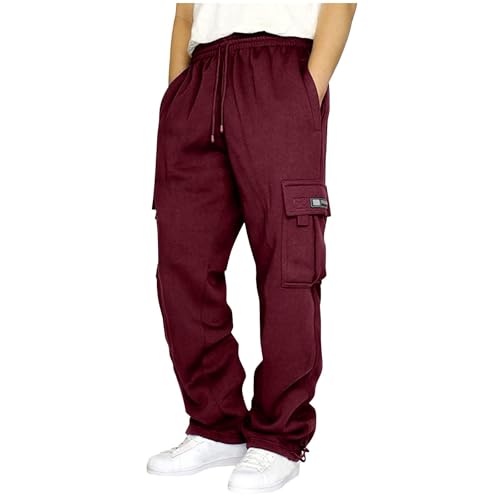 SPSMOKH Herren Cargo Jogginghose - Kordelzug Elastische Taille Trainingshose mit Taschen Baumwolle Casual Straight-Leg Hose für Gym Jogging Freizeit Alltag (Wein, XL) von SPSMOKH