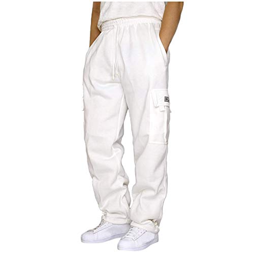 SPSMOKH Herren Cargo Jogginghose - Kordelzug Elastische Taille Trainingshose mit Taschen Baumwolle Casual Straight-Leg Hose für Gym Jogging Freizeit Alltag (Weiß, L) von SPSMOKH