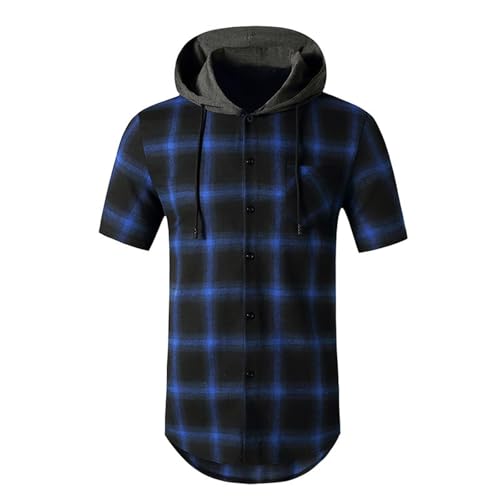 SPSMOKH Herren Kurzarm Plaid Hoodie Shirt - Lässiger Knopf Kapuzenpullover mit Kordelzug | Vintage Kariertes Kapuzen-T-Shirt Sweatshirt (01 Blau, S) von SPSMOKH
