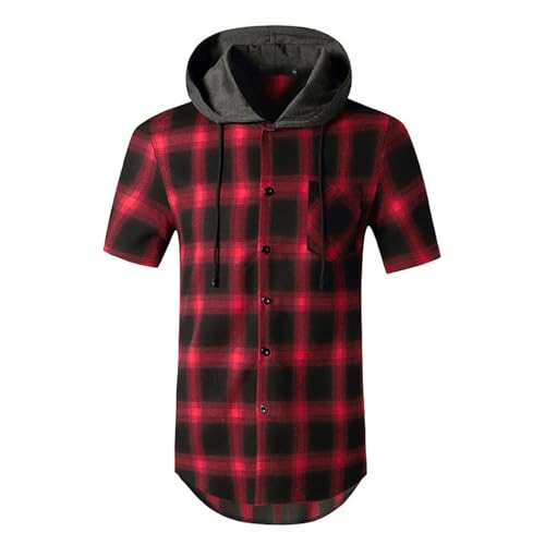 SPSMOKH Herren Kurzarm Plaid Hoodie Shirt - Lässiger Knopf Kapuzenpullover mit Kordelzug | Vintage Kariertes Kapuzen-T-Shirt Sweatshirt (01 Rot, XXL) von SPSMOKH