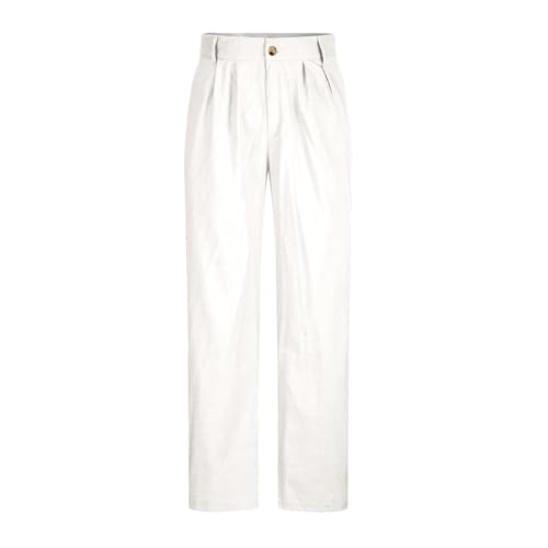 SPSMOKH Herrenhose mit geradem Bein – einfarbige Anzughose für die Arbeit, lockere Passform, vorne plissiert, formelle Twill-Baumwolle, modische Business-Hose mit Taschen, leicht (01 Weiß, XL) von SPSMOKH