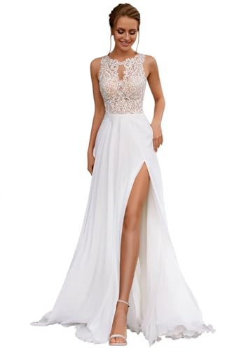 SPSMOKH Hochzeitskleid Büro Spitze Boho Vintage Brautkleid Brautmode Langarm A-Linie Brautkleider (B-Weiß, 10) von SPSMOKH