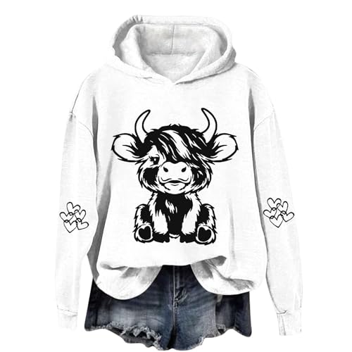SPSMOKH Kapuzenpullover für Damen, Hochlandkuh, Rundhalsausschnitt, Kawaii-Kuh-Buchstaben-Druck, lässiger Pullover, langärmelig, Teenager, Mädchen, Basic-Sweatshirt, Schule, Junioren für Damen (Weiß SPSMOKH Kapuzenpullover für Damen, Hochlandkuh, Rundhalsausschnitt, Kawaii-Kuh-Buchstaben-Druck, lässiger Pullover, langärmelig, Teenager, Mädchen, Basic-Sweatshirt, Schule, Junioren für Damen (Weiß von SPSMOKH