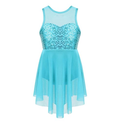 SPSMOKH Kinder Mädchen Glänzende Pailletten Lyrisches Tanzkleid Ärmellos Balletttrikot Tüllröcke (Hellblau, 13–14 Jahre) von SPSMOKH