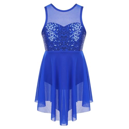 SPSMOKH Kinder Mädchen Glänzende Pailletten Lyrisches Tanzkleid Ärmellos Balletttrikot Tüllröcke (Königsblau, 13–14 Jahre) von SPSMOKH