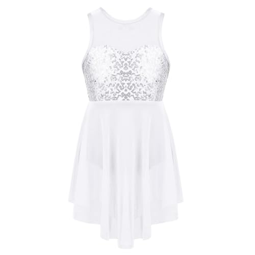 SPSMOKH Kinder Mädchen Glänzende Pailletten Lyrisches Tanzkleid Ärmellos Balletttrikot Tüllröcke (Weiß, 11–12 Jahre) von SPSMOKH
