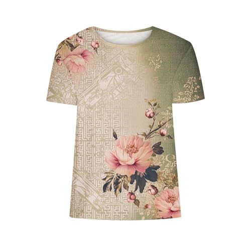 SPSMOKH Kurzärmelige Blusen für Damen, Sommer-Tops für Damen, Blumendruck, niedliche Hemden, Vintrage-Grafik-T-Shirt, lässig, zum Ausgehen, Strandpullover, Tunika-Bluse (#023, M) von SPSMOKH