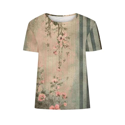 SPSMOKH Kurzärmelige Blusen für Damen, Sommer-Tops für Damen, Blumendruck, niedliche Hemden, Vintrage-Grafik-T-Shirt, lässig, zum Ausgehen, Strandpullover, Tunika-Bluse (#025, XXL) von SPSMOKH