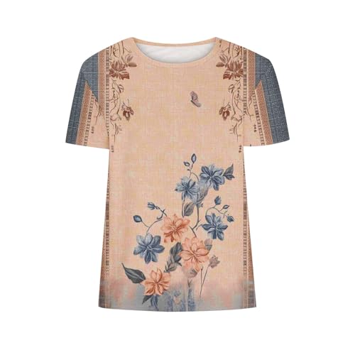 SPSMOKH Kurzärmelige Blusen für Damen, Sommer-Tops für Damen, Blumendruck-T-Shirt, niedliche Hemden, Vintrage-Grafik-T-Shirt, lässig, zum Ausgehen, Strandpullover, Tunika-Bluse (#034, L) von SPSMOKH