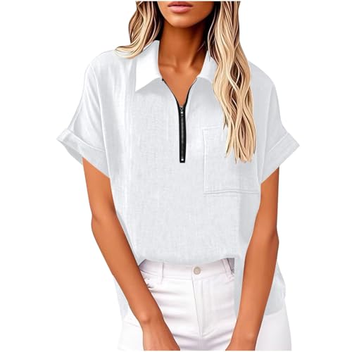 SPSMOKH Kurzärmeliges Damen-T-Shirt mit 1/4-Reißverschluss, Baumwolle, Leinen, Übergröße, V-Ausschnitt, Rollkragen, lockeres T-Shirt, elegante Blusen, Arbeit, Damen, Tops, Baggy, einfarbig, elegant SPSMOKH Kurzärmeliges Damen-T-Shirt mit 1/4-Reißverschluss, Baumwolle, Leinen, Übergröße, V-Ausschnitt, Rollkragen, lockeres T-Shirt, elegante Blusen, Arbeit, Damen, Tops, Baggy, einfarbig, elegant von SPSMOKH