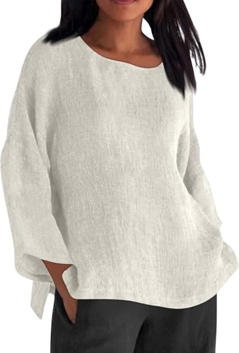 SPSMOKH Langärmeliges Oberteil für Damen, Sommer, übergroßes T-Shirt, Baumwollleinen, Blusen und Hemden, Rundhalsausschnitt, lockeres Hemd, Frühling, elegant, Büro, Arbeit, Bluse, Seihtuch, Schaukel SPSMOKH Langärmeliges Oberteil für Damen, Sommer, übergroßes T-Shirt, Baumwollleinen, Blusen und Hemden, Rundhalsausschnitt, lockeres Hemd, Frühling, elegant, Büro, Arbeit, Bluse, Seihtuch, Schaukel von SPSMOKH