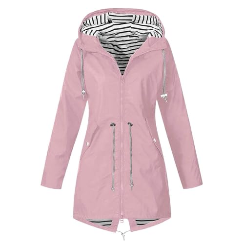 SPSMOKH Leichte Regenjacke für Damen, Kapuzenjacken, wasserdicht, übergroßer Windbreaker, einfarbig, Reißverschluss, Mantel mit Kapuze, 3-in-1, lange Jacken, leger, leicht, atmungsaktiv (#02 Rosa, S) von SPSMOKH