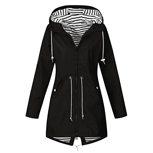 SPSMOKH Leichte Regenjacke für Damen, Kapuzenjacken, wasserdichter Regenmantel, übergroßer Windbreaker, einfarbig, Reißverschluss, Mantel mit Kapuze, 3-in-1, lange Jacken, leger, leicht, atmungsaktiv von SPSMOKH