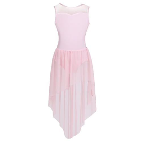 SPSMOKH Lyrisches Tanzkostüm für Mädchen, ärmellos, Netzstoff, hohe Tiefe, moderne zeitgenössische Tanzkleidung (Rosa, 3–4 Jahre) von SPSMOKH