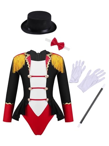 SPSMOKH Mädchen Deluxe Ringmaster Kostüm Quaste Leotard Frack mit Magic Kit für Halloween Cosplay (Mehrfarbig, 7-8 Jahre) von SPSMOKH