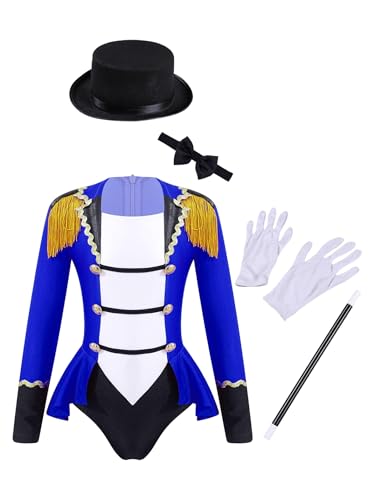 SPSMOKH Mädchen Deluxe Ringmaster Kostüm Quaste Leotard Frack mit Magic Kit für Halloween Cosplay (Saphir, 7-8 Jahre) von SPSMOKH
