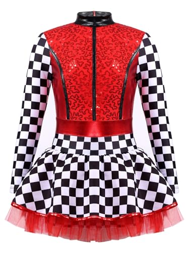SPSMOKH Mädchen Racer Drive Kostüm Pailletten Langarm Tutu Kleid F1 Cheer Leader Dancewear (Rot, 9-10 Jahre) von SPSMOKH
