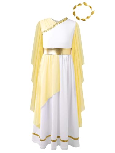 SPSMOKH Mädchen altgriechische Nymphe Toga Kleid mit Lorbeer Athener Prinzessin God of War Kleidung (Gelb, 11–12 Jahre) von SPSMOKH