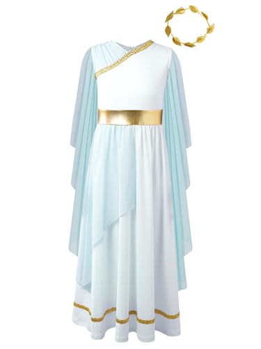 SPSMOKH Mädchen altgriechische Nymphe Toga Kleid mit Lorbeer Athener Prinzessin God of War Kleidung (Hellblau, 5–6 Jahre) von SPSMOKH