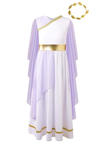 SPSMOKH Mädchen altgriechische Nymphe Toga Kleid mit Lorbeer Athener Prinzessin God of War Kleidung (Lavendel, 7-8 Jahre) von SPSMOKH
