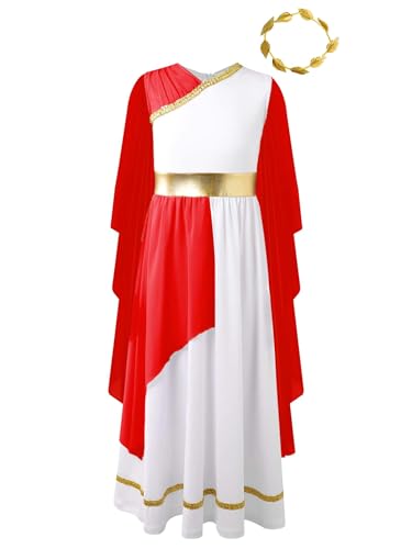 SPSMOKH Mädchen altgriechische Nymphe Toga Kleid mit Lorbeer Athener Prinzessin Gott des Krieges Kleidung (Rot, 9–10 Jahre) von SPSMOKH
