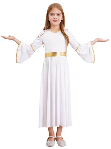 SPSMOKH Mädchen antikes griechisches Toga-Glocken-Maxikleid mit langen Ärmeln, Gold-Taille, Gebet, Tanzkleid (Weiß, 9–10 Jahre) von SPSMOKH
