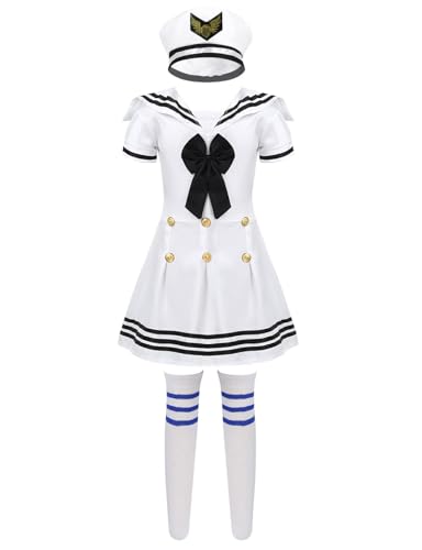 SPSMOKH Matrosen-Kostüm für Mädchen, Reverskragen, kurze Ärmel, JK, Marineblau, Uniform-Kleid mit Hut, Socken (Weiß, 10–12 Jahre) von SPSMOKH