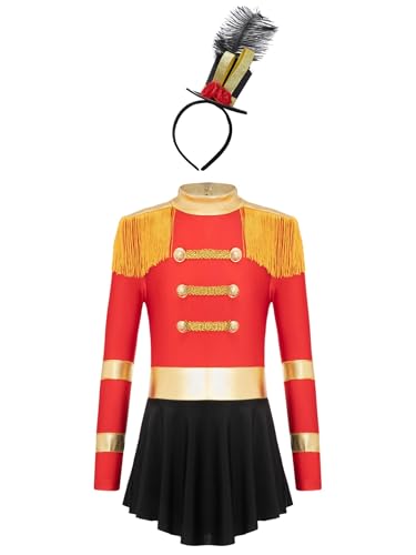 SPSMOKH Militärisches Schlagzeuger-Kostüm für Kinder, Mädchen, Marschband, Majorette, Uniform, Tanzkleid + Stirnband (Rot, 15–16 Jahre) von SPSMOKH