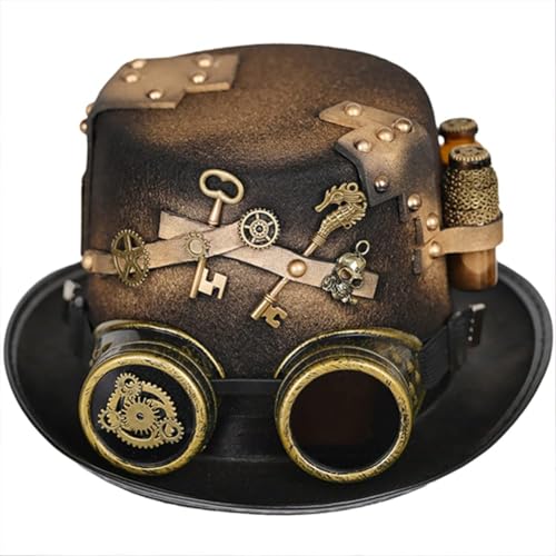 SPSMOKH Mittelalterlich Steampunk Hut Steampunk Zylinder Hut mit Brille und Ausrüstung Unisex Magische Hüte Halloween Cosplay Kopfschmuck (56-60CM, 1) von SPSMOKH