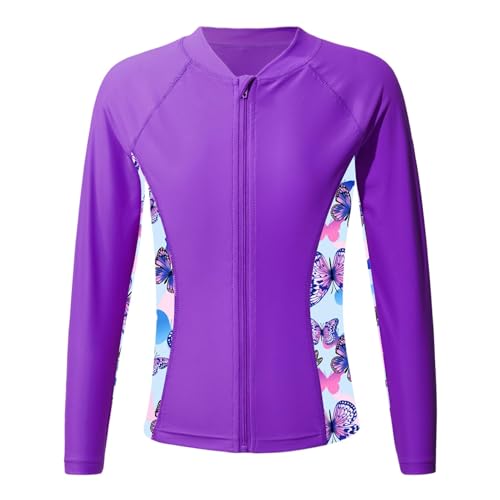 SPSMOKH Rashguard-Shirts für Kinder, Mädchen, LSF 50+, Schwimmmantel, Reißverschluss, athletisches Tank-Top, Hemden (lila, 9–10 Jahre) von SPSMOKH