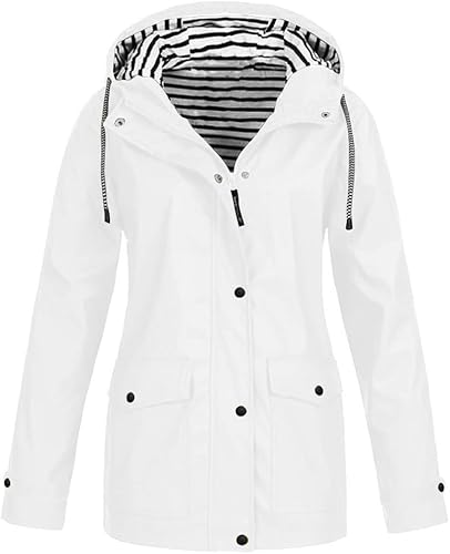 SPSMOKH Regenjacke für Damen, leicht, wasserdicht, mit Kapuze, Regenmantel, einfarbig, Reißverschluss, Softshell-Jacke, lässiger lockerer Trenchcoat, übergroß, Camping, Windbreaker zum Radfahren von SPSMOKH