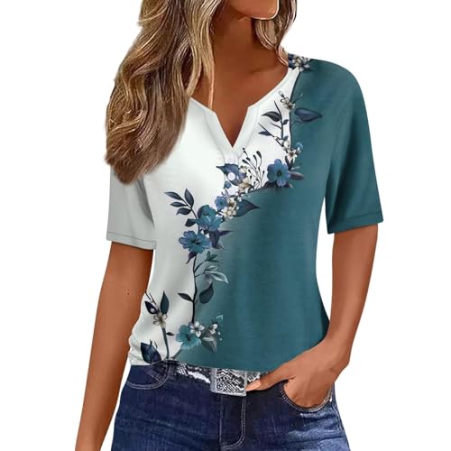 SPSMOKH Sommer-Tops für Damen, elegante Blusen-Shirts, Übergröße, Urlaub, trendig, elegante Blusen, V-Ausschnitt, Knopf, Blumenmuster, kurzärmelig, lässig, locker, bequem, Stretch-Tunika, Top (#021 SPSMOKH Sommer-Tops für Damen, elegante Blusen-Shirts, Übergröße, Urlaub, trendig, elegante Blusen, V-Ausschnitt, Knopf, Blumenmuster, kurzärmelig, lässig, locker, bequem, Stretch-Tunika, Top (#021 von SPSMOKH