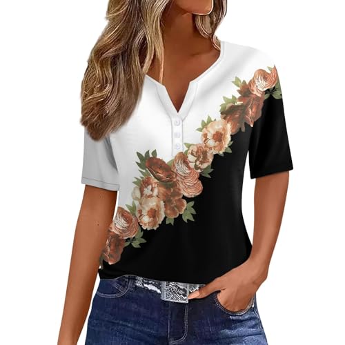 SPSMOKH Sommer-Tops für Damen, elegante Blusen-Shirts, Übergröße, Urlaub, trendig, elegante Blusen, V-Ausschnitt, Knopf, Blumenmuster, kurzärmelig, lässig, locker, bequem, Stretch-Tunika-Oberteil SPSMOKH Sommer-Tops für Damen, elegante Blusen-Shirts, Übergröße, Urlaub, trendig, elegante Blusen, V-Ausschnitt, Knopf, Blumenmuster, kurzärmelig, lässig, locker, bequem, Stretch-Tunika-Oberteil von SPSMOKH