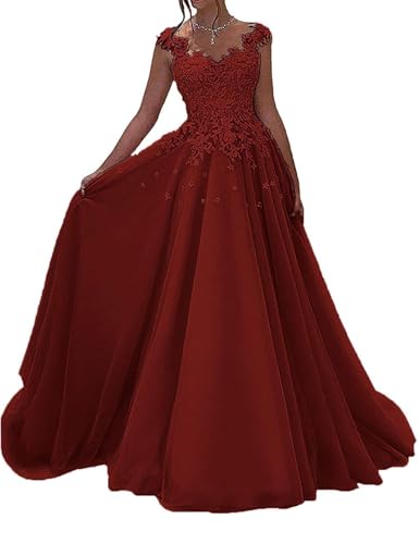 SPSMOKH Spitze Ballkleider lang formelles Abendkleid Prinzessin A-Linie Hochzeitsgast Kleid ärmellos Partykleider (Weinrot, 10) von SPSMOKH