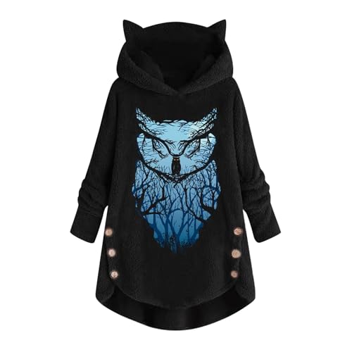 SPSMOKH Süßer Kapuzenpullover mit Katzenohren für Damen, Katzen-Eulen-Druck, langärmelig, lockere Passform, warmer Pullover, Sweatshirt, Winter, Freizeit, Lounge & Heimkleidung (TYPE - 1, XXL) von SPSMOKH