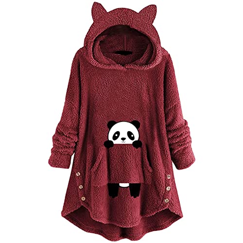 SPSMOKH Süßes Bärenohr-Plüsch-Kapuzenpullover für Damen, langärmelig, flauschig, mit Taschen, Winter, warm, lockeres Sweatshirt für Homewear und Outwear (Wein-01, XXL) von SPSMOKH
