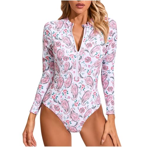 SPSMOKH Today Deals, einteiliger Badeanzug für Damen mit Shorts, Badeanzug, Reißverschluss, Colorblock, Rundhalsausschnitt, Sport-Bademode, Damen, langärmelig, Sonnenschutz, gepolsterter Badeanzug von SPSMOKH