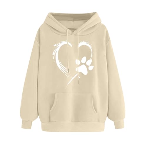 SPSMOKH Women's UK Dog Paw Print Hoodie - Paw Print Love Drawstring Hoodie Casual Sweatshirt with Pocket Fashion Loose Long Sleeve Hooded Pullover for Daily (Beige, M) von SPSMOKH