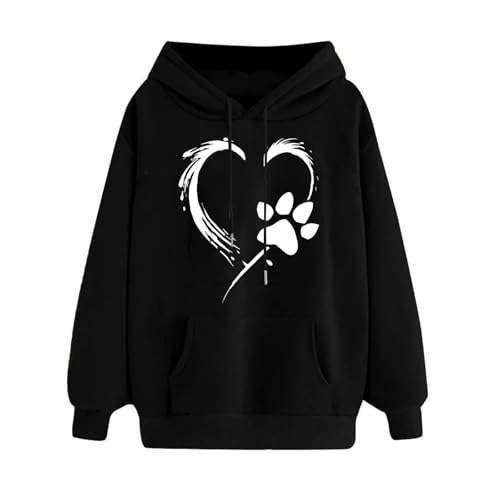 SPSMOKH Women's UK Dog Paw Print Hoodie - Paw Print Love Drawstring Hoodie Casual Sweatshirt with Pocket Fashion Loose Long Sleeve Hooded Pullover for Daily (Black, XL) von SPSMOKH