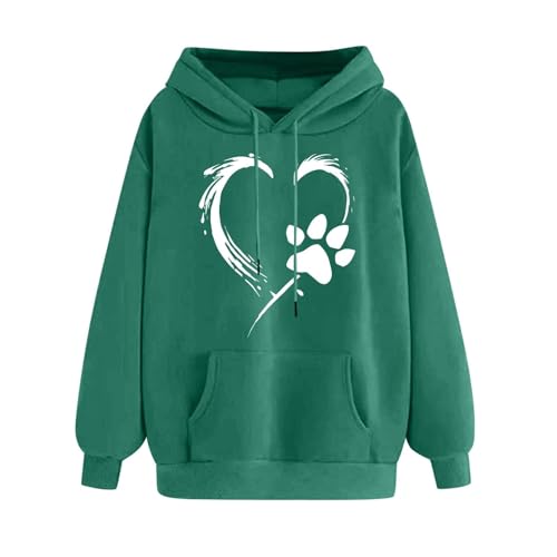 SPSMOKH Women's UK Dog Paw Print Hoodie - Paw Print Love Drawstring Hoodie Casual Sweatshirt with Pocket Fashion Loose Long Sleeve Hooded Pullover for Daily (Mintgrün, L) von SPSMOKH