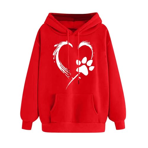 SPSMOKH Women's UK Dog Paw Print Hoodie - Paw Print Love Drawstring Hoodie Casual Sweatshirt with Pocket Fashion Loose Long Sleeve Hooded Pullover for Daily (Red, S) von SPSMOKH