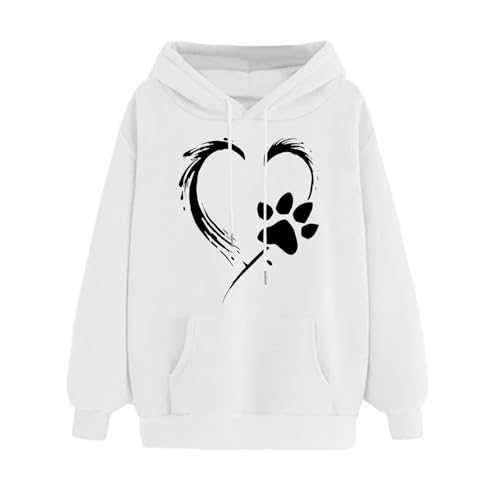 SPSMOKH Women's UK Dog Paw Print Hoodie - Paw Print Love Drawstring Hoodie Casual Sweatshirt with Pocket Fashion Loose Long Sleeve Hooded Pullover for Daily (White, XXL) von SPSMOKH