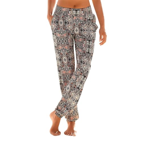 Sommer-Hose im Boho-Stil, Blumendruck, Retro, Zugseil, lockere Taille, Haremshose, Hip-Hop-Stil, Strand, Damen-Leinen-Mischgewebe, Stretch, Lounge-Hose, Taschen, Baggy Hippie (B, 4XL) von SPSMOKH